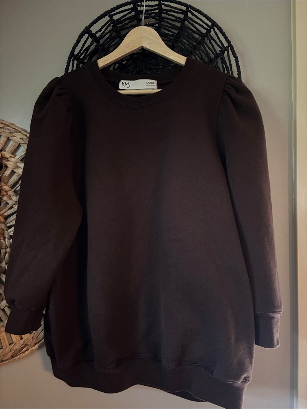 KMJ Cooper Puff Sleeve Sweatshirt Dress in Deep Brown chocolate